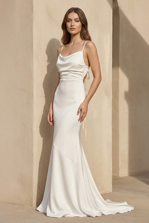 Spaghetti Straps Satin Mermaid Wedding Dress in Ivory - SHE IS ME Wedding Dresses