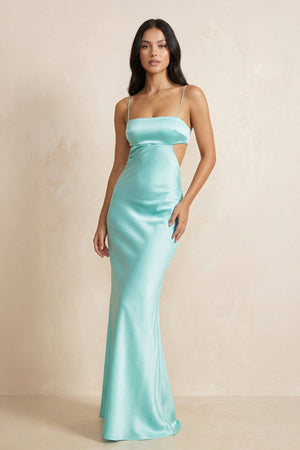 Spaghetti Straps Sheath Maxi Dress With Cutout in Aqua - SHE IS ME PROM DRESSES