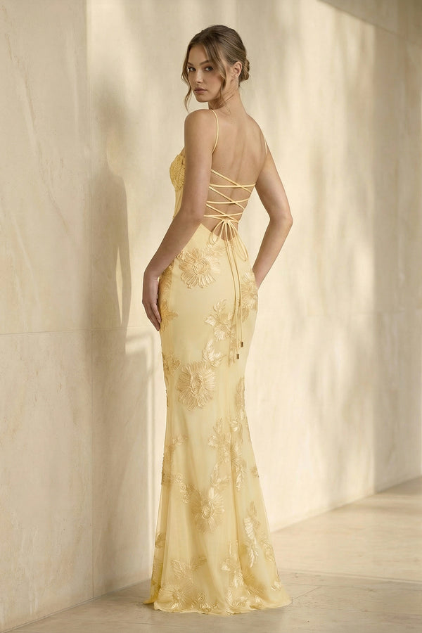 Spaghetti Straps Sheath Maxi Dress With Floral Embroidery in Yellow - SHE IS ME PROM DRESSES