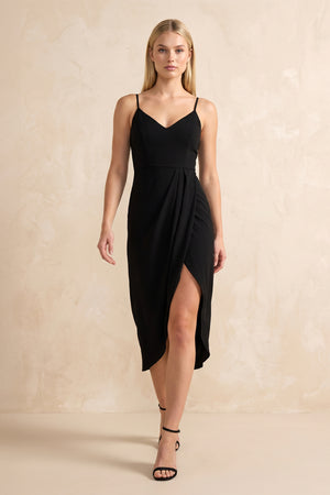 Spaghetti Straps Sheath Midi Dress with Slit in Black – SHE IS ME Dresses