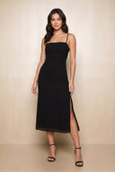 Spaghetti Straps Square Neck Sheath Chiffon Midi Dress With Slit in Black - SHE IS ME Dresses