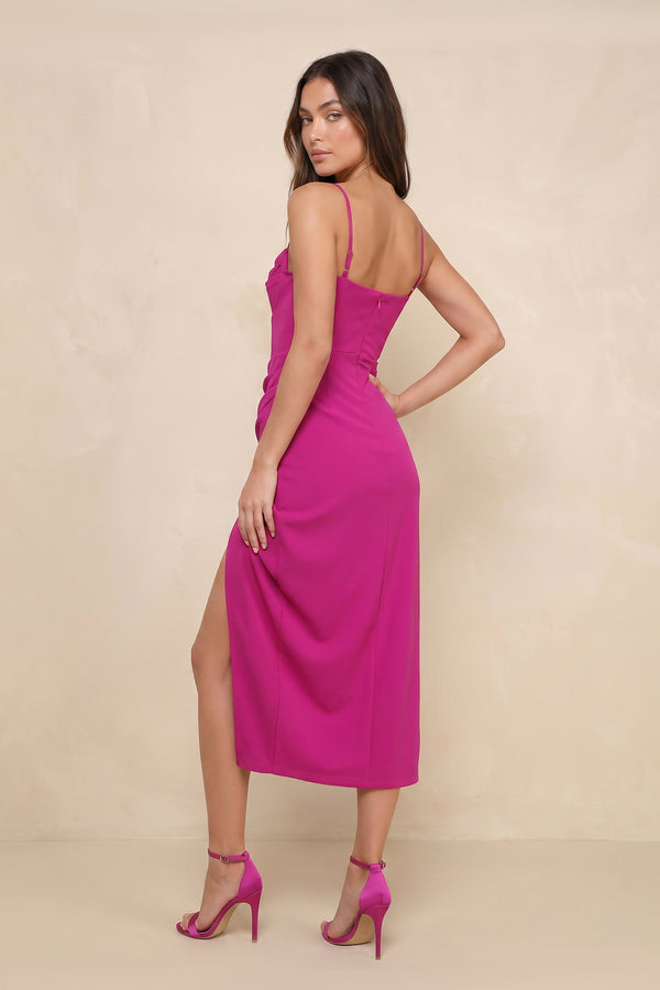 Spaghetti Straps Stretch Satin Midi Dress in Fuchsia– SHE IS ME Dresses