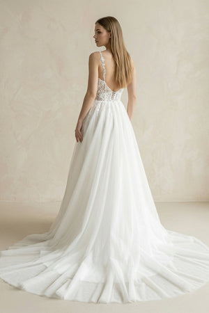 Spaghetti Straps Tulle A - Line Appliqued Wedding Dress in White - SHE IS ME Wedding Dresses