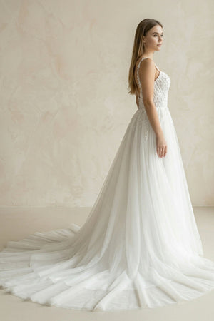 Spaghetti Straps Tulle A - Line Appliqued Wedding Dress in White - SHE IS ME Wedding Dresses