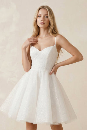 Spaghetti Straps Tulle A - Line Mini Wedding Dress in White - SHE IS ME Wedding Dresses