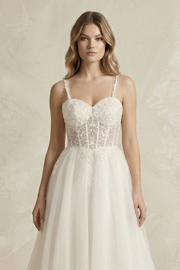 Spaghetti Straps Tulle A - Line Wedding Dress in Ivory - SHE IS ME Wedding Dresses