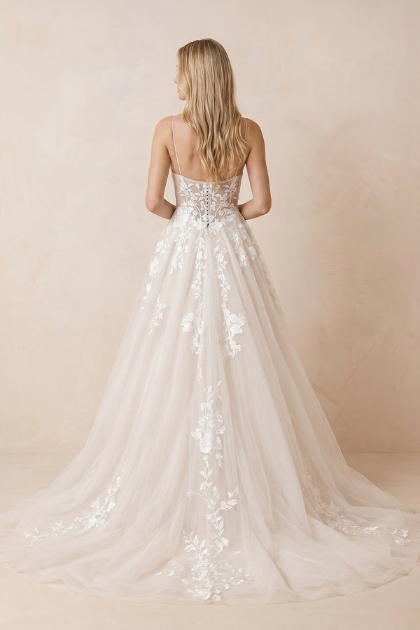 Ivory Lace Corset V - Neck A - Line Wedding Dress - SHE IS ME Wedding Dresses