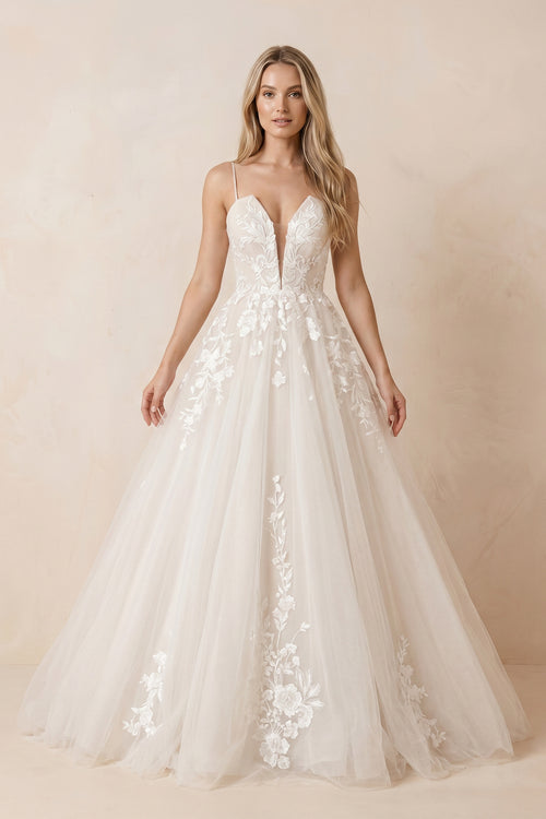 Ivory Lace Corset V - Neck A - Line Wedding Dress - SHE IS ME Wedding Dresses