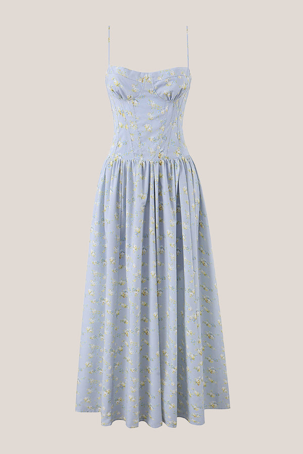 Spaghetti Straps Vintage Rose Printed Cotton Midi Dress in Blue– SHE IS ME Dresses