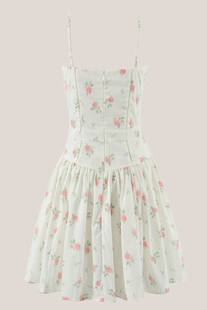 Spaghetti Straps Vintage Rose Printed Cotton Mini Dress in White– SHE IS ME Dresses