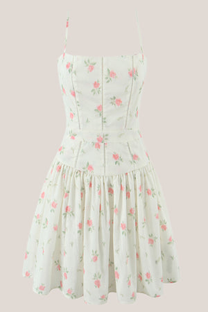 Spaghetti Straps Vintage Rose Printed Cotton Mini Dress in White– SHE IS ME Dresses