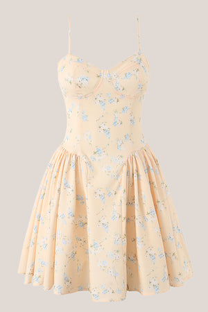 Spaghetti Straps Warm Rose Print Cotton Mini Dress in Yellow– SHE IS ME Dresses