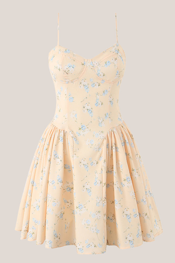 Spaghetti Straps Warm Rose Print Cotton Mini Dress in Yellow– SHE IS ME Dresses