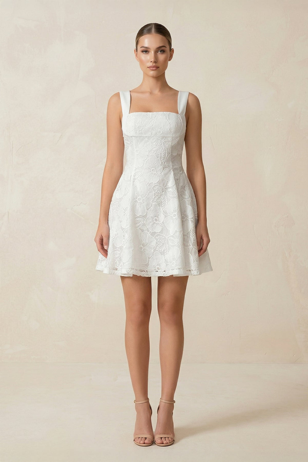 Square Neck A - Line Lace Mini Wedding Dress in White - SHE IS ME Wedding Dresses