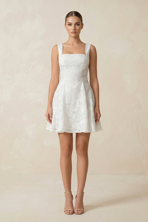 Square Neck A - Line Lace Mini Wedding Dress in White - SHE IS ME Wedding Dresses
