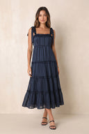 Square Neck A-Line Pleated Midi Dress in Dark Navy– SHE IS ME Dresses