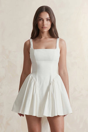 Square Neck A - Line Ruffled Mini Wedding Dress With Back Bow in Ivory - SHE IS ME Wedding Dresses