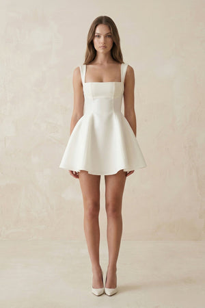 Square Neck A - Line Satin Mini Wedding Dress With Bow in Ivory - SHE IS ME Wedding Dresses