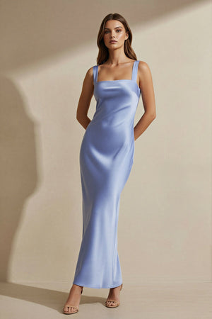 Square Neck Cross Back Satin Maxi Dress in Steel Blue - SHE IS ME