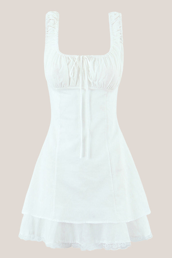Square Neck Lace A-Line Cotton Mini Dress in White– SHE IS ME Dresses