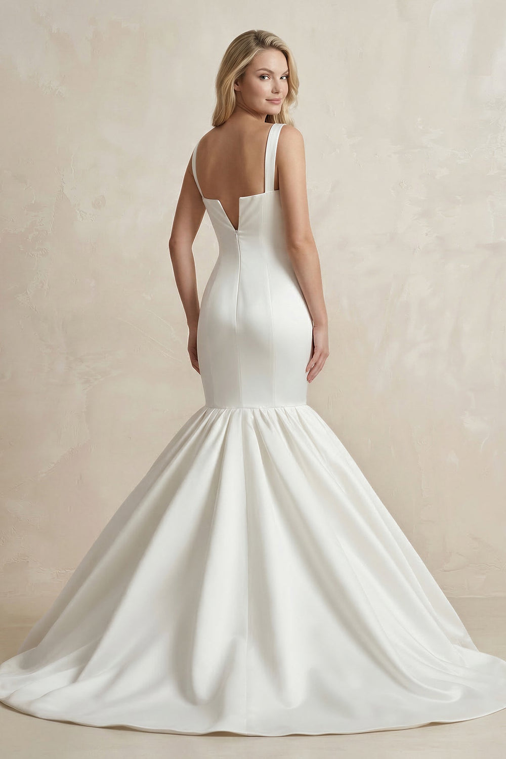 Square Neck Mermaid Satin Wedding Dress in White - SHE IS ME Wedding Dresses
