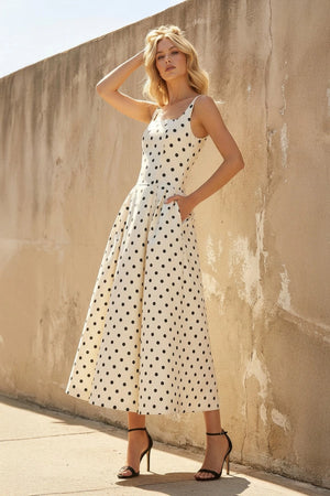 Square Neck Polka Dot Midi Dress in Ivory - SHE IS ME