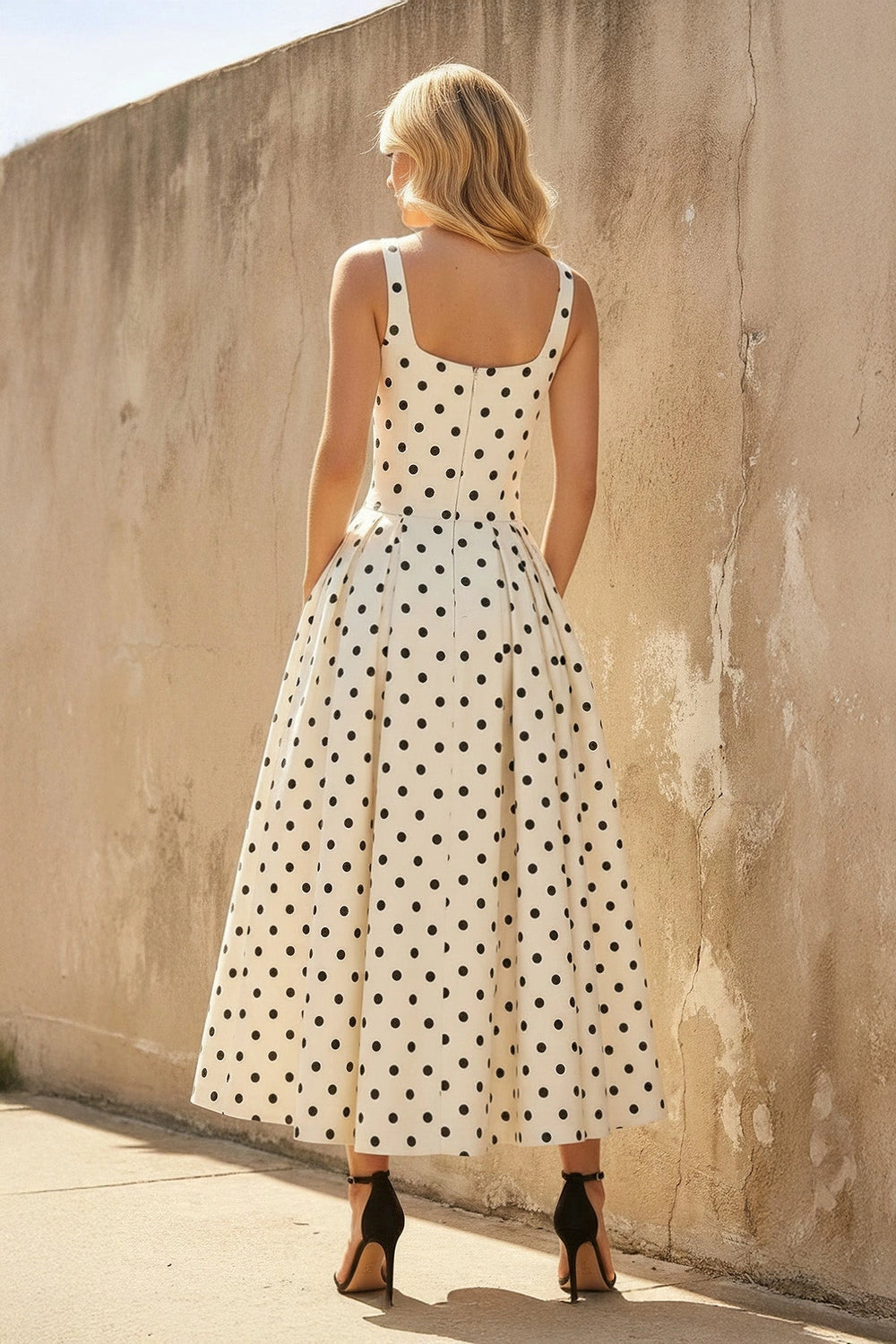 Square Neck Polka Dot Midi Dress in Ivory - SHE IS ME