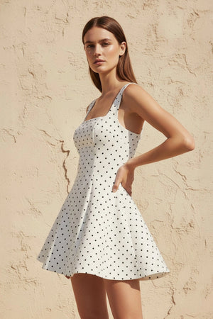 Square Neck Polka Dot Mini Dress in White - SHE IS ME