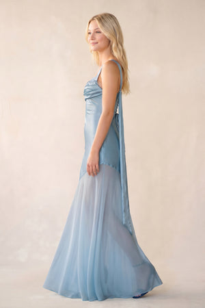 Square Neck Ruched Satin Maxi Dress in Sky Blue