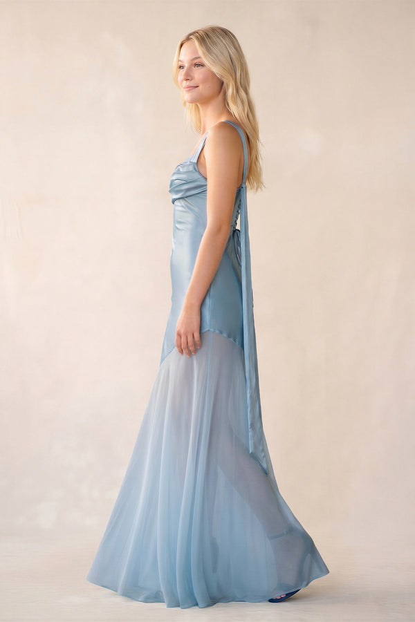 Square Neck Ruched Satin Maxi Dress in Sky Blue