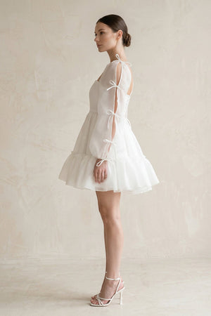 Square Neck Ruffled A - Line Long Sleeves Tulle Wedding Dress in White - SHE IS ME Wedding Dresses