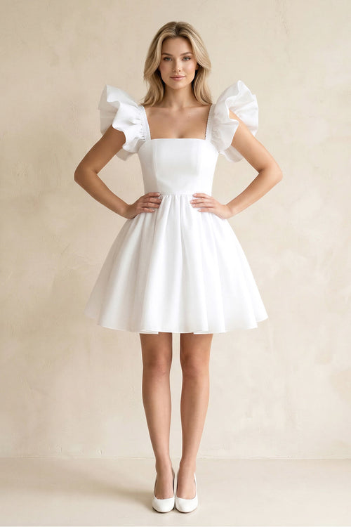 Square Neck Ruffled Sleeves A - Line Satin Wedding Dress in White - SHE IS ME Wedding Dresses