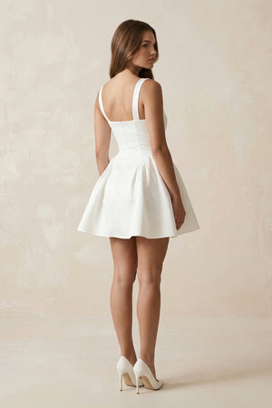 Square Neck Satin A - Line Mini Wedding Dress in White - SHE IS ME Wedding Dresses