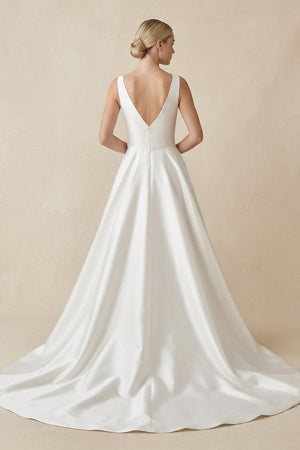 Square Neck Satin A - Line Ruched Wedding Dress in White - SHE IS ME Wedding Dresses