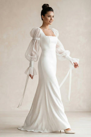 Square Neck Satin sheath Long Sleeves Wedding Dress in White - SHE IS ME Wedding Dresses