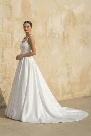 Square Neck Satin Wedding Dress With Appliques in White - SHE IS ME Wedding Dresses