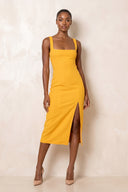Square Neck Sheath Midi Dress With Slit in Yellow– SHE IS ME Dresses
