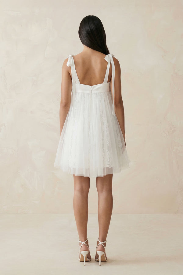 Square Neck Tulle A - Line Wedding Dress With Bow in White - SHE IS ME Wedding Dresses