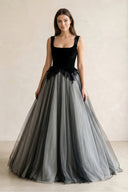 Square Neck Tulle Lace A - Line Wedding Dress in Black - SHE IS ME Wedding Dresses