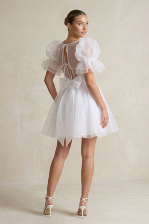 Square Neck Tulle Puff Sleeve A - Line Wedding Dress in White - SHE IS ME Wedding Dresses
