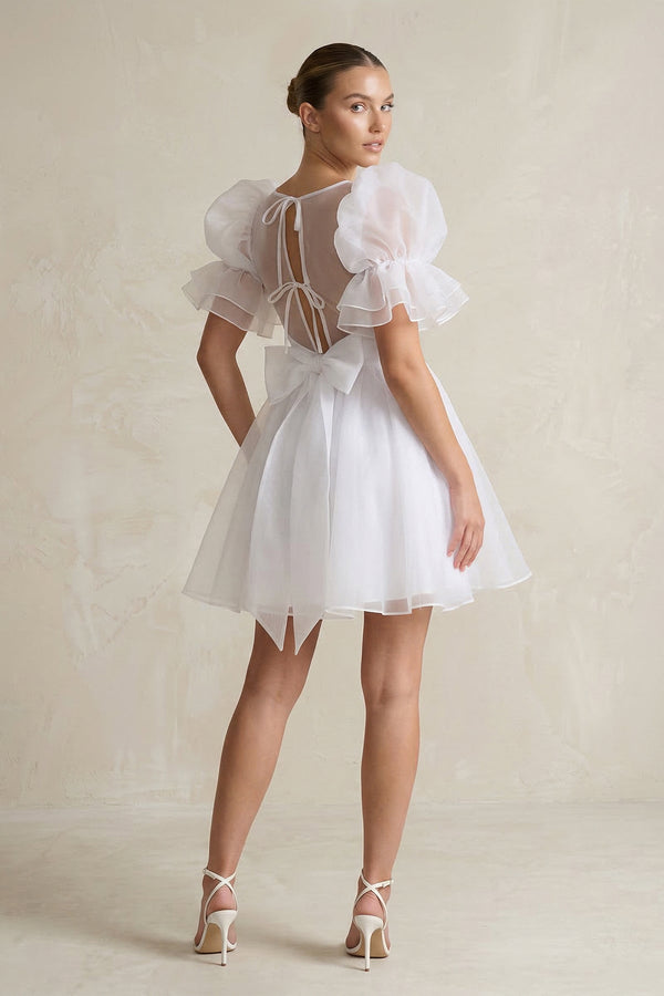 Square Neck Tulle Puff Sleeve A - Line Wedding Dress in White - SHE IS ME Wedding Dresses
