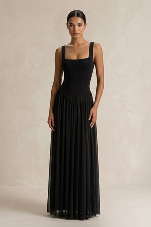 Square Neck Tulle Sheath Pleated Wedding Dress in Black - SHE IS ME Wedding Dresses