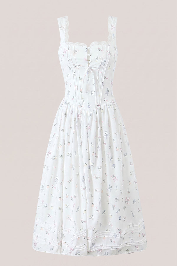 Square Neck Vintage Rose Printed Cotton Midi Dress in White - SHE IS ME Dresses