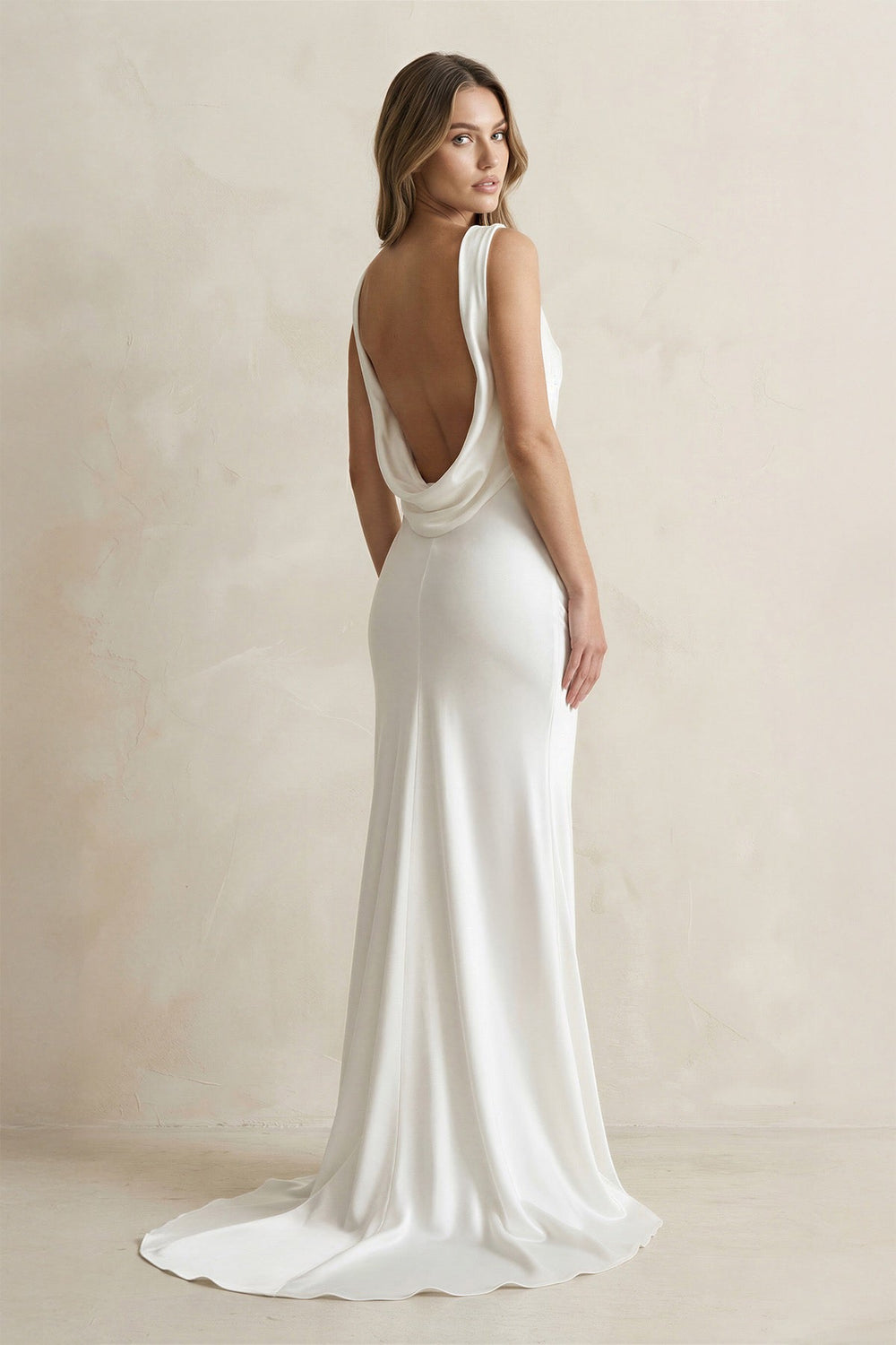 Straight Neck Satin Mermaid Wedding Dress in White - SHE IS ME Wedding Dresses
