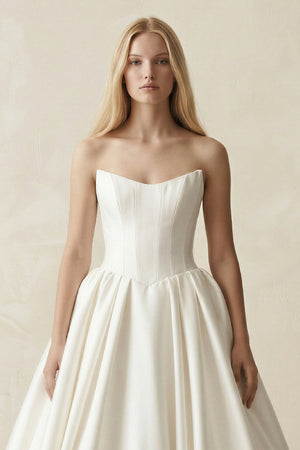 Strapless A - Line Ball Gown Satin Corset Wedding Dress in Ivory - SHE IS ME Wedding Dresses