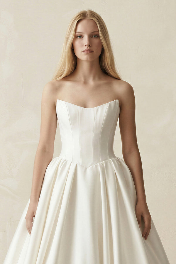 Strapless A - Line Ball Gown Satin Corset Wedding Dress in Ivory - SHE IS ME Wedding Dresses