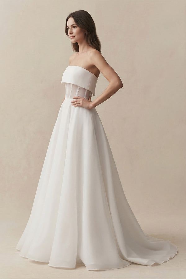 Strapless A - Line Chiffon Ruched Wedding Dress in White - SHE IS ME Wedding Dresses