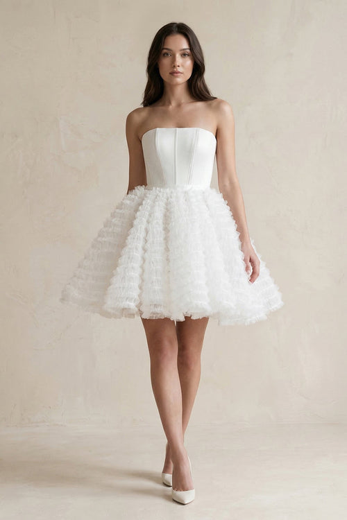 Strapless A - Line Corset Ruffled Tulle Wedding Dress in White - SHE IS ME Wedding Dresses