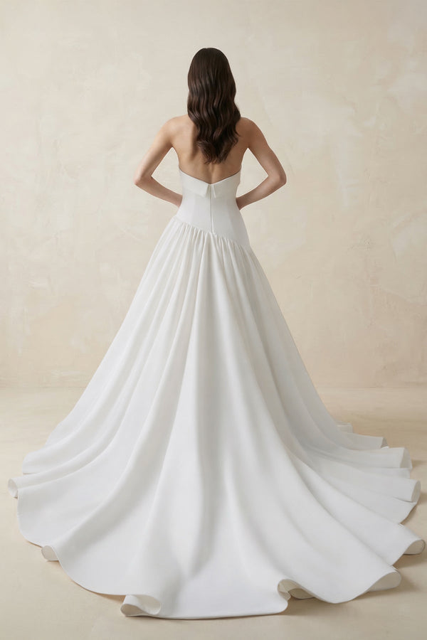 Strapless A - line Crepe Pleated Wedding Dress in White - SHE IS ME Wedding Dresses
