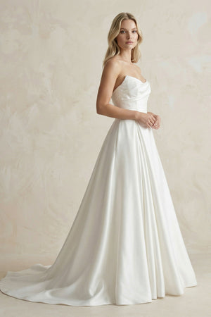 Strapless A - Line Ruched Satin Wedding Dress in White - SHE IS ME Wedding Dresses
